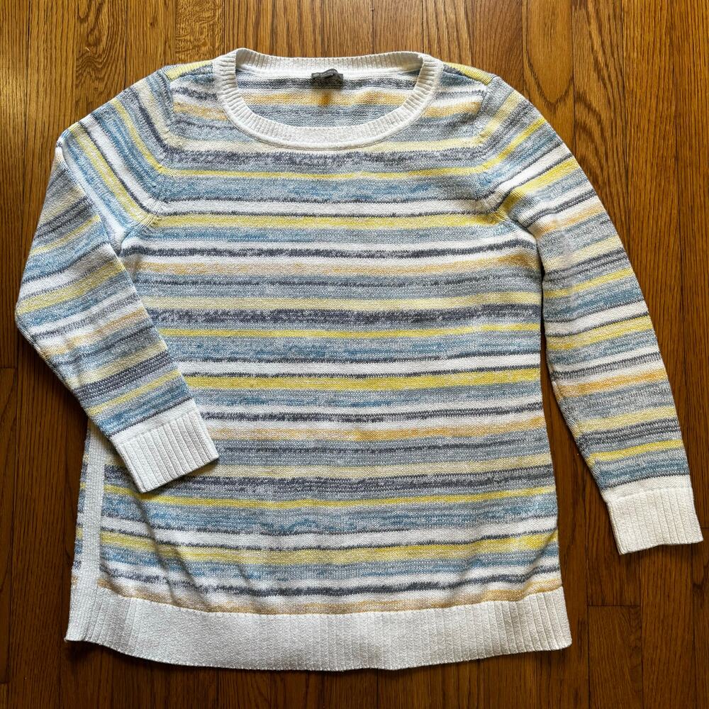 T by Talbots Sweater Womens Size X (XL) Stripe Blue Gray Yellow White CottonPoly